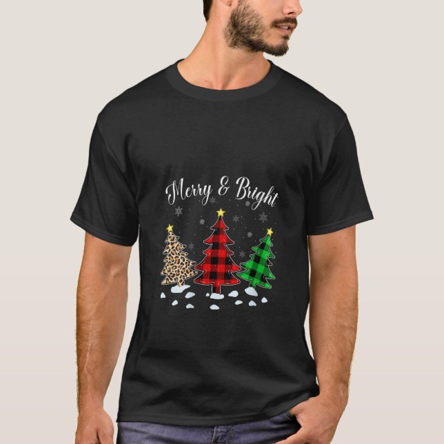 Leopard Buffalo Plaid Merry And Bright Christmas T T-Shirt (Front)