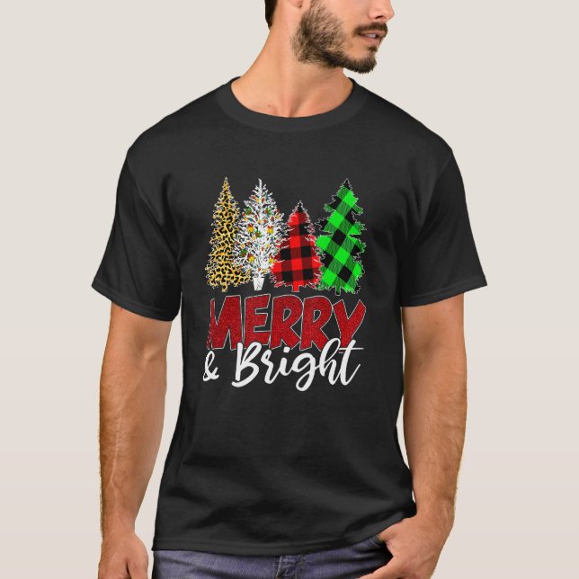 Leopard Buffalo Plaid Merry And Bright Christmas T T-Shirt (Front)