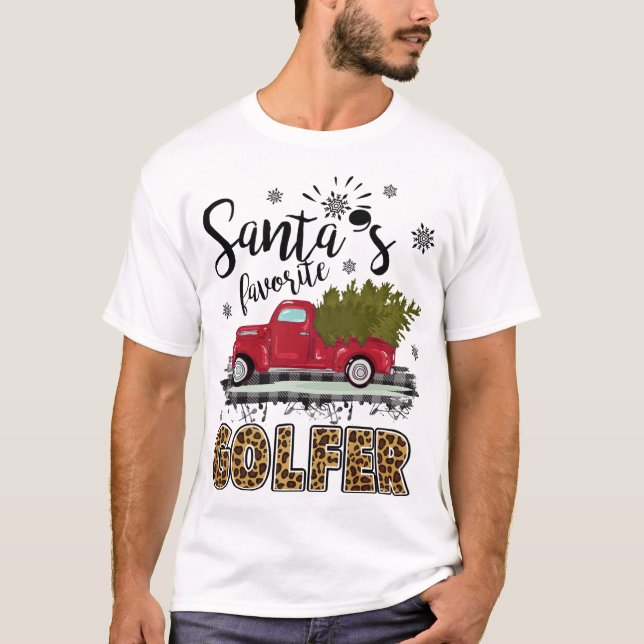 Leopard Buffalo Plaid Santa's Favourite Golfer Chr T-Shirt (Front)