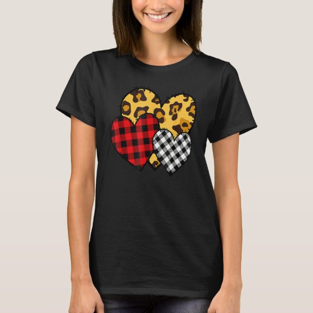 Leopard Buffalo Red Black Plaid Heart Funny Valent T-Shirt (Front)