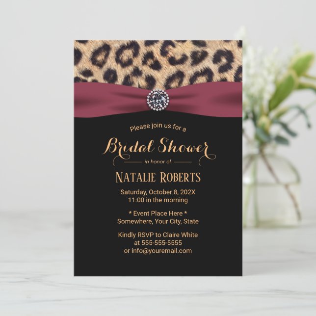 Leopard Burgundy Ribbon Luxury Bridal Shower Invitation (Standing Front)