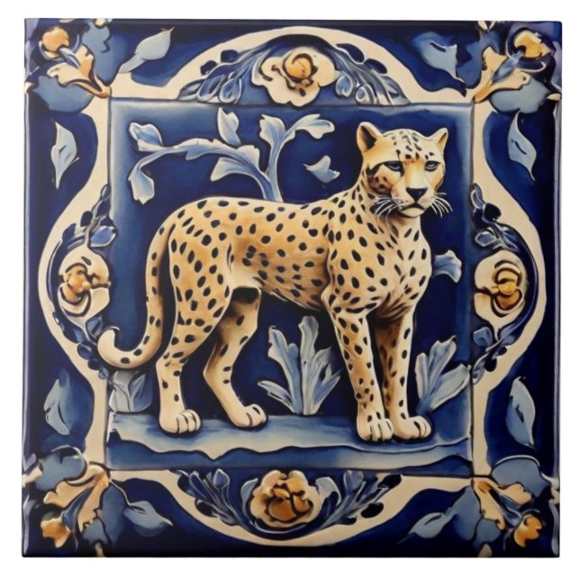 Leopard Cheetah African Safari Animals Navy Blue Tile (Front)
