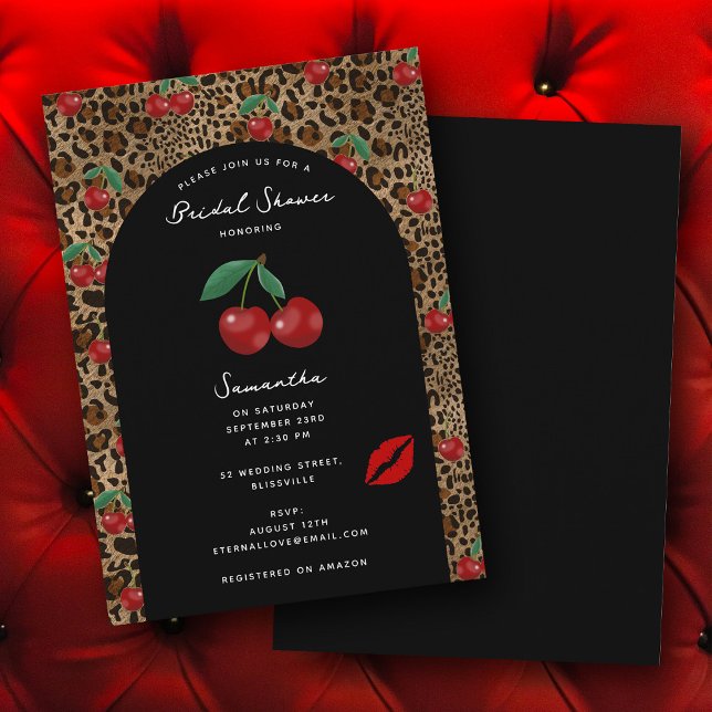 Leopard Cheetah Animal Print Cherry Bridal Shower Invitation (Leopard Cheetah Animal Print Cherry Bridal Shower Invitation)