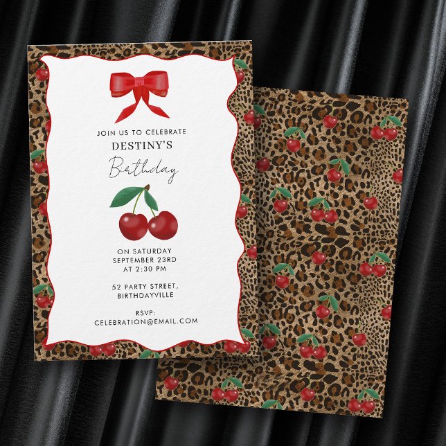 Leopard Cheetah Animal Print Cherry Girl Birthday Invitation (Leopard Cheetah Animal Print Cherry Girl Birthday Invitation)