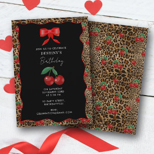 Leopard Cheetah Animal Print Cherry Girl Birthday Invitation