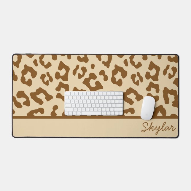 Leopard Cheetah Animal Print Custom Cursive Name Desk Mat (Keyboard & Mouse)