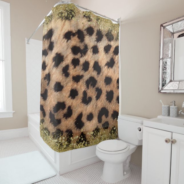 Leopard Cheetah Animal Print Gold Glitter Modern Shower Curtain (In Situ)