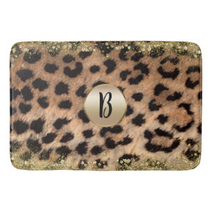 Leopard Cheetah Animal Print Gold Glitter Monogram Bath Mat