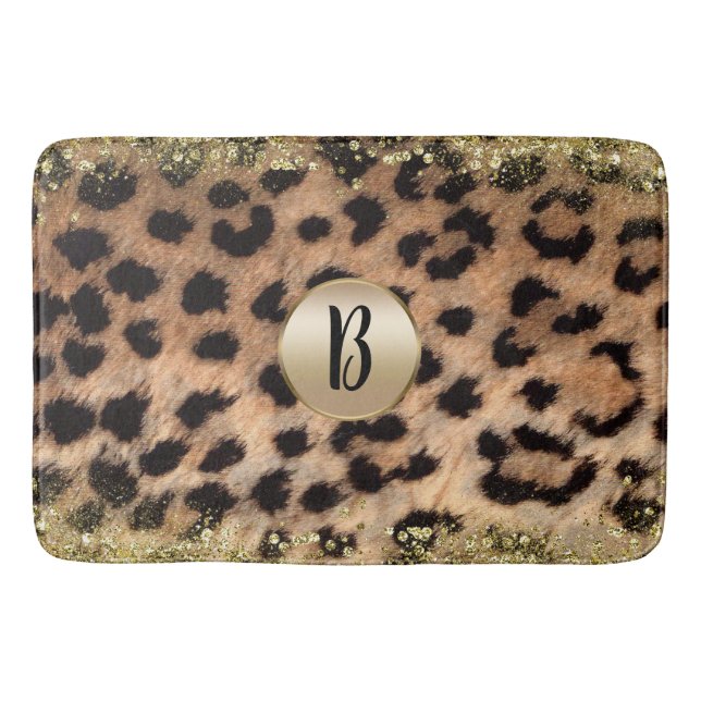 Leopard Cheetah Animal Print Gold Glitter Monogram Bath Mat (Front)