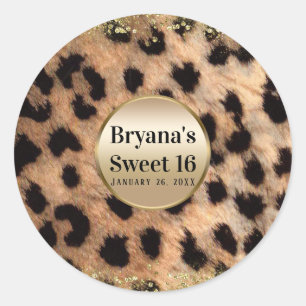 Leopard Cheetah Animal Print Gold Glitter Monogram Classic Round Sticker