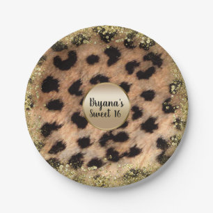 Leopard Cheetah Animal Print Gold Glitter Monogram Paper Plate