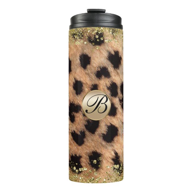 Leopard Cheetah Animal Print Gold Glitter Monogram Thermal Tumbler (Front)