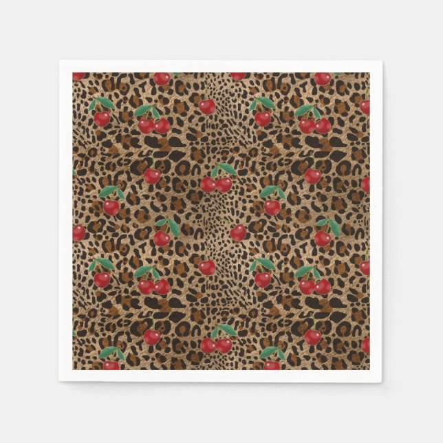 Leopard Cheetah Animal Print Red Cherries Napkin (Front)