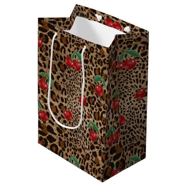 Leopard Cheetah Animal Print Red Cherry Pattern Medium Gift Bag (Front Angled)