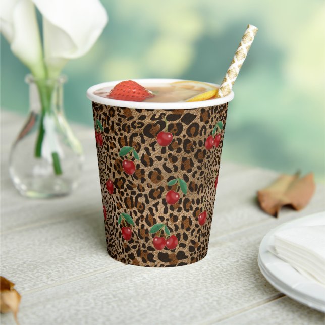 Leopard Cheetah Animal Print Red Cherry Pattern Paper Cups (Insitu)