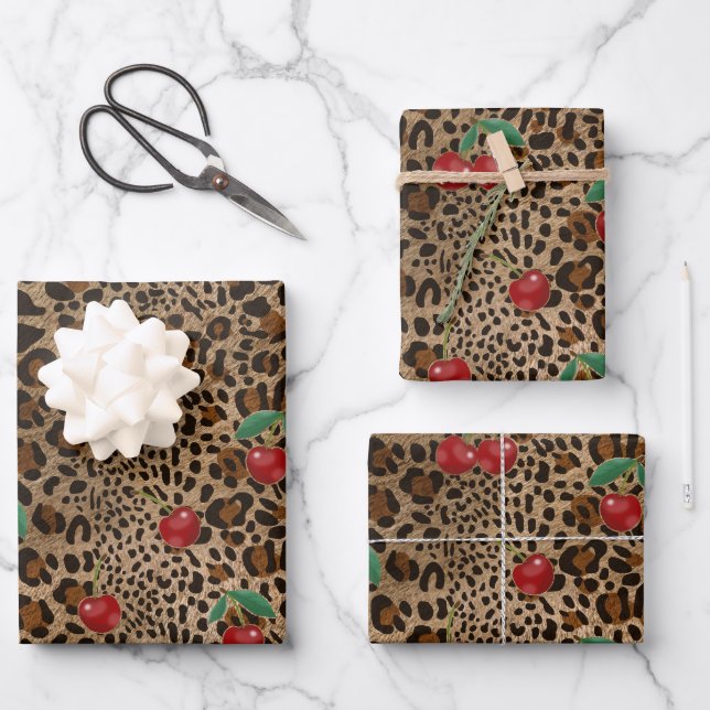 Leopard Cheetah Animal Print Red Cherry Pattern Wrapping Paper Sheet (Front)