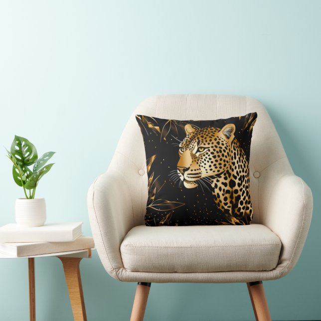 Leopard Cheetah Black Gold Jungle Safari Leaves Cushion (Chair)
