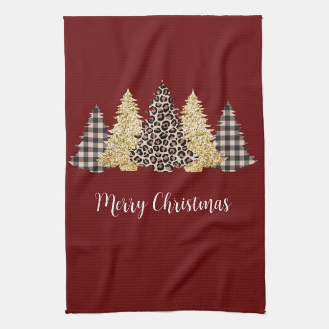 Leopard Cheetah Buffalo Plaid Christmas Trees Tea Towel (Vertical)