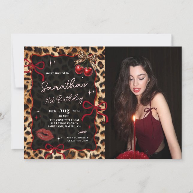 Leopard Cheetah Cherries Birthday Photo Invitation (Front)