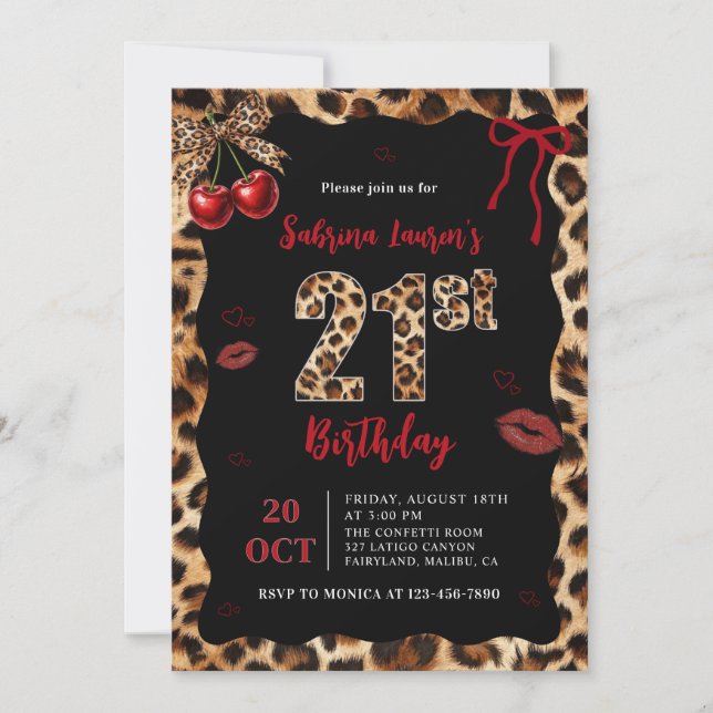 Leopard Cheetah Cherry 21st Birthday Invitation (Front)
