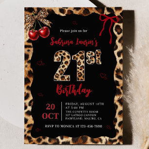 Leopard Cheetah Cherry 21st Birthday Invitation