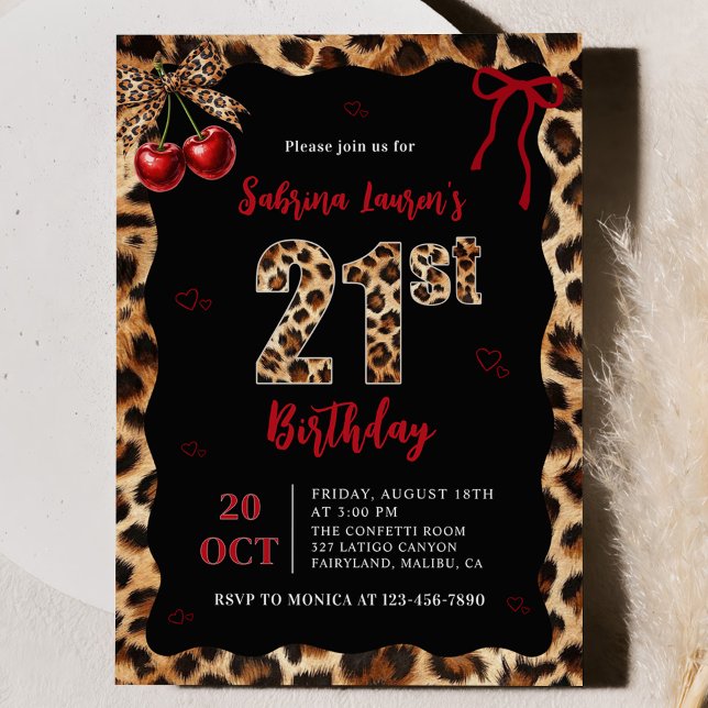 Leopard Cheetah Cherry 21st Birthday Invitation (Creator Uploaded)