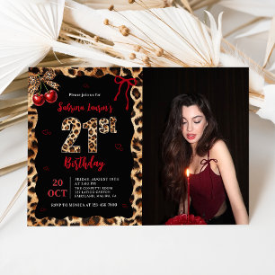 Leopard Cheetah Cherry 21st Birthday Photo Invitation