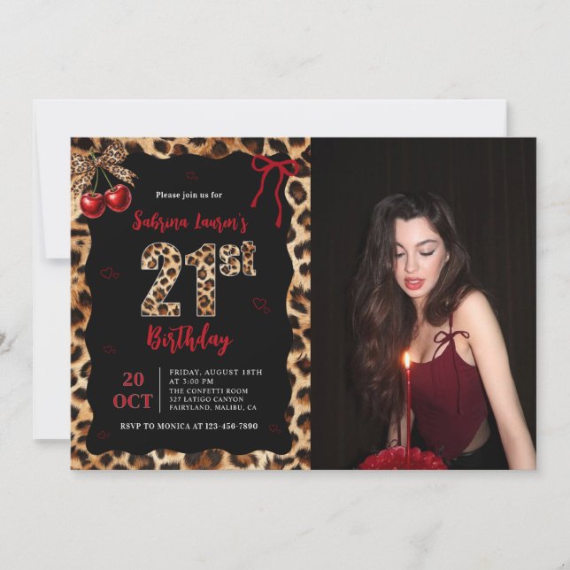 Leopard Cheetah Cherry 21st Birthday Photo Invitation (Front)