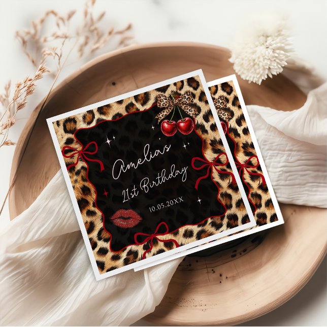 Leopard Cheetah Cherry Birthday Party Napkins (Creator Uploaded)