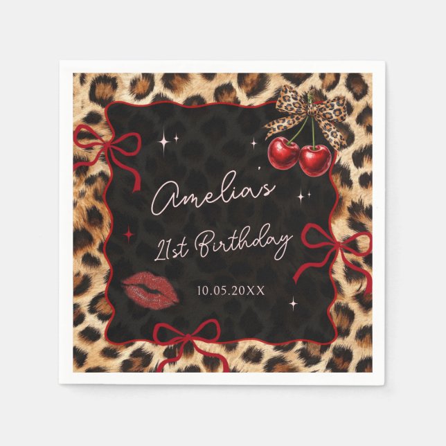 Leopard Cheetah Cherry Birthday Party Napkins (Front)