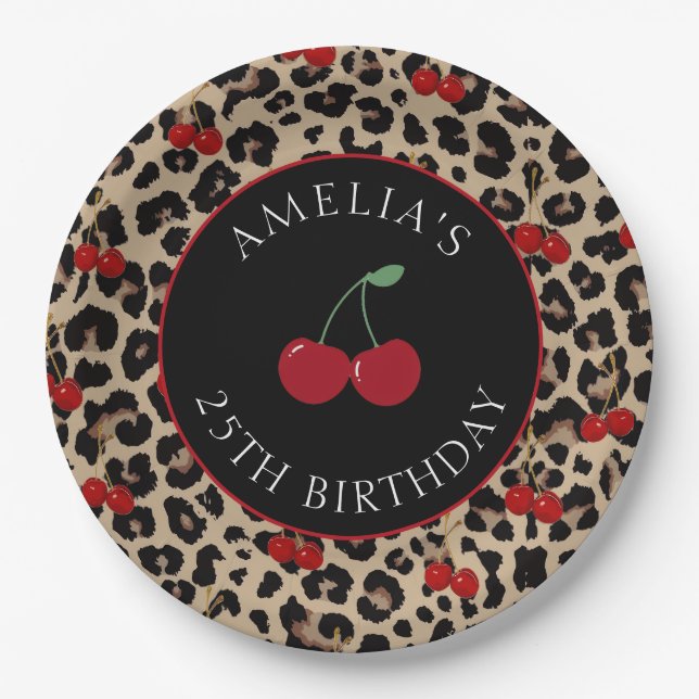 Leopard Cheetah Cherry Birthday Party Paper Plates (Front)