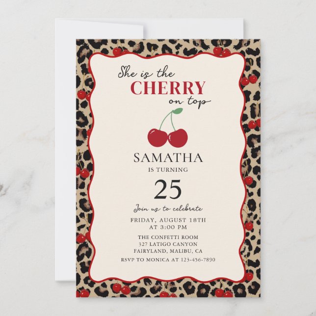 Leopard Cheetah Cherry On Top Birthday Invitation (Front)