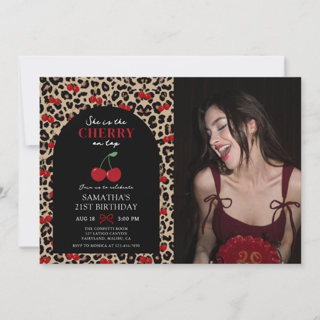 Leopard Cheetah Cherry On Top Birthday Photo Invitation (Front)