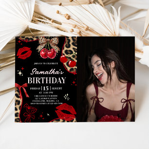Leopard Cheetah Coquette Cherry Birthday Photo Invitation