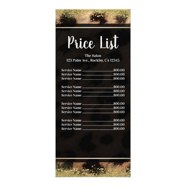 Leopard Cheetah Exotic Gold Glitter Price List Rack Card (Front)