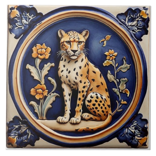 Leopard Cheetah & Flowers Dark Blue Antique Tile (Front)