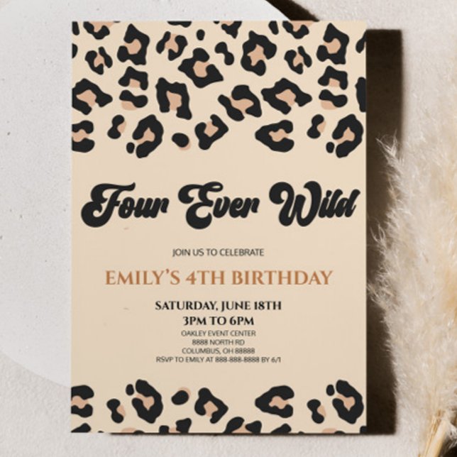 Leopard Cheetah Four Ever Wild 4th Birthday Party Invitation (Creator Uploaded)