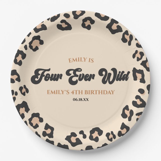 Leopard Cheetah Four Ever Wild 4th Birthday Party Paper Plate (Front)