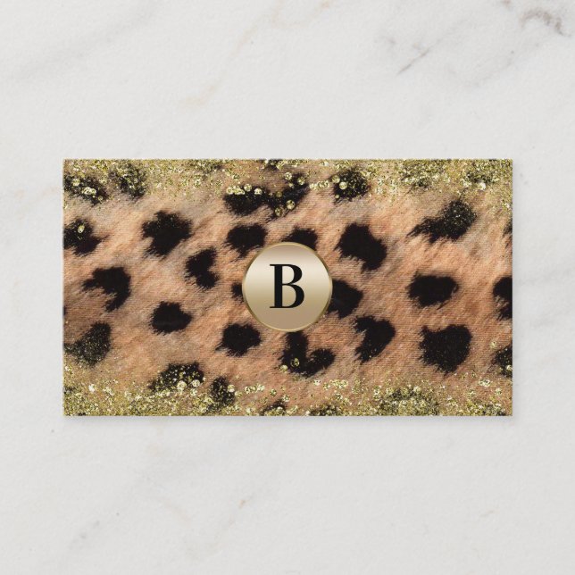 Leopard Cheetah Gold Glitter Monogram Personalised Business Card (Front)
