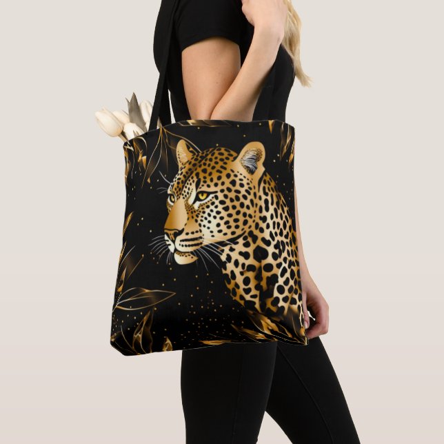 Leopard Cheetah Print Black Gold Jungle Leaves Tote Bag (Close Up)