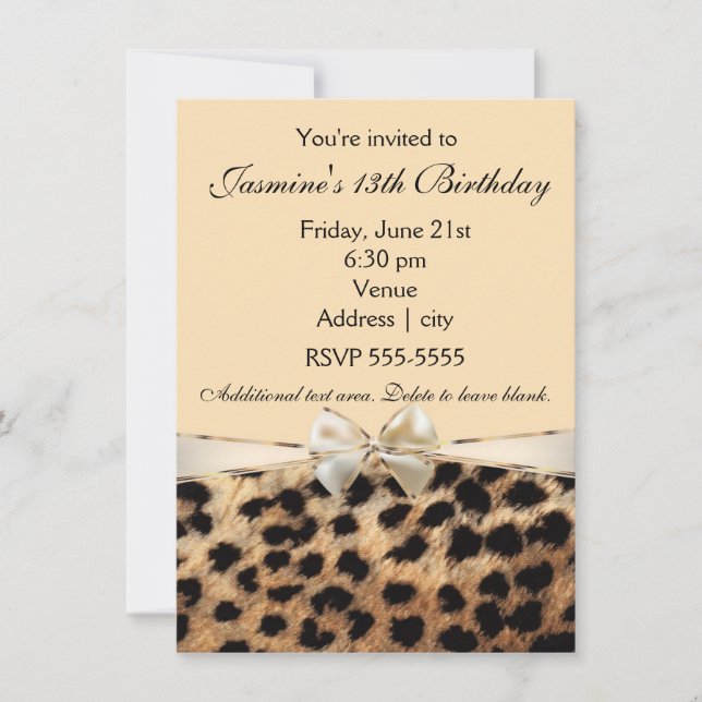 Leopard Cheetah Print White Bow Glam Invitation (Front)