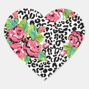 Leopard Cheetah Rose Floral Pattern Heart Sticker