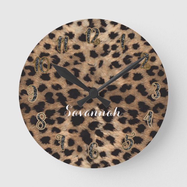 Leopard Cheetah Tan Brown Black Personalised Round Clock (Front)