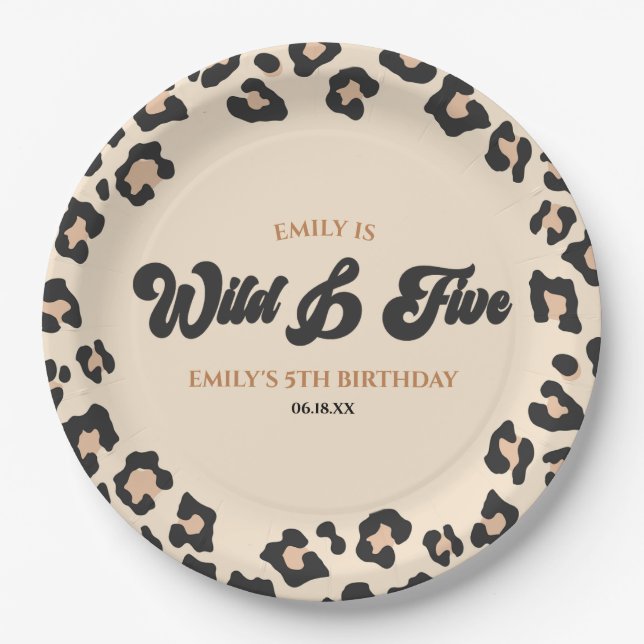 Leopard Cheetah Wild and Five 5th Birthday Party Paper Plate (Front)