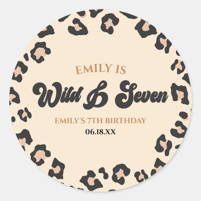 Leopard Cheetah Wild and Seven 7th Birthday Party Classic Round Sticker (Front)