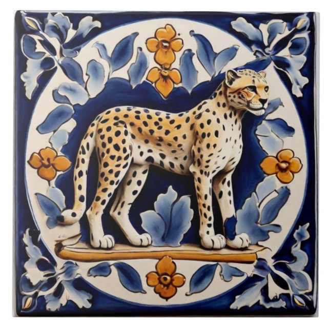 Leopard Cheetah Wild Animal Jungle Cat Dark Blue Tile (Front)