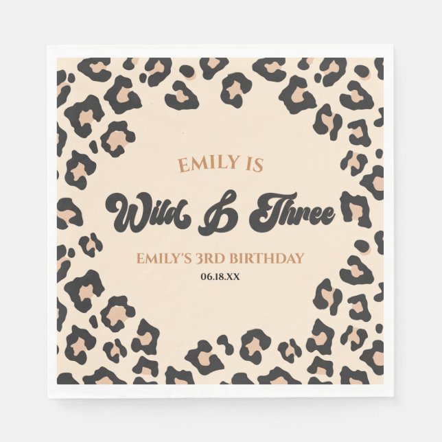 Leopard Cheetah Wild & Three 3rd Birthday Party Napkin (Front)