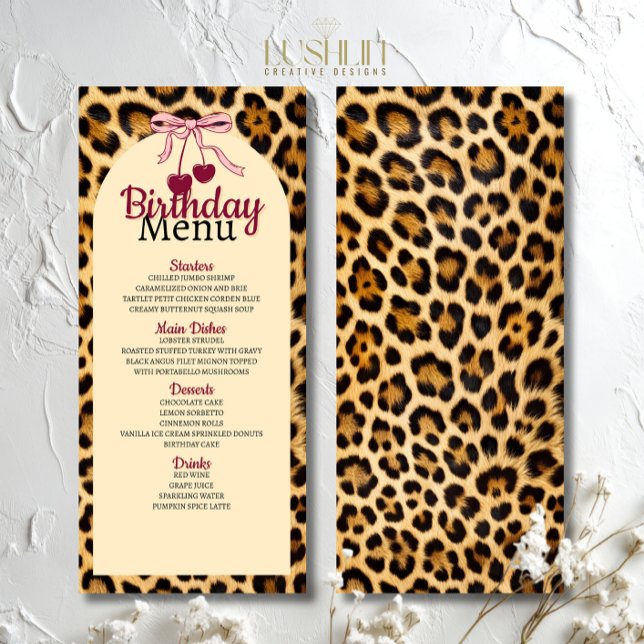 Leopard Cherry Pink Bow Birthday  Menu (Creator Uploaded)