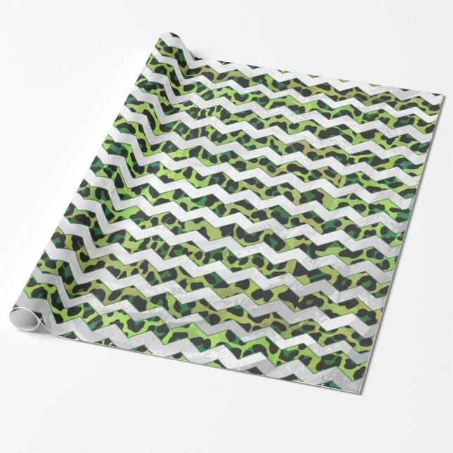 Leopard Chevron Black and Green Print Wrapping Paper (Unrolled)