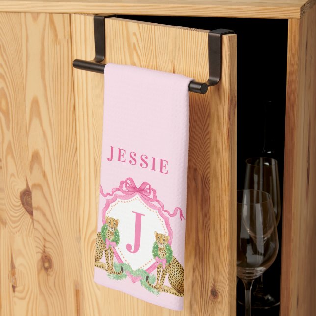 Leopard Christmas Crest Monogram With Name Tea Towel (Thirds Fold)